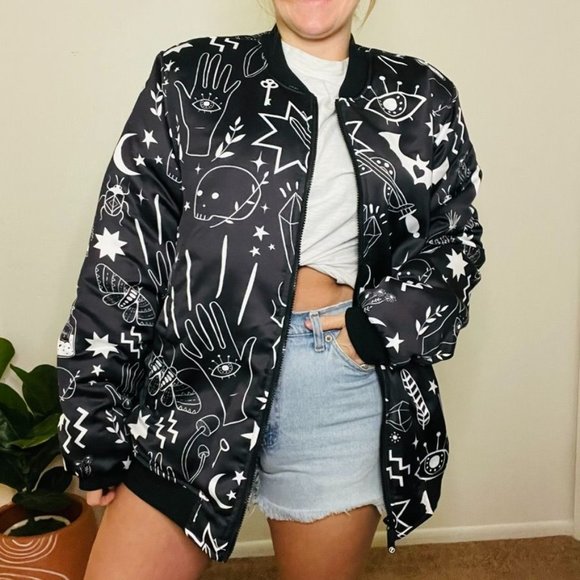 Fresh Hoods Jackets & Blazers - Fresh Hoods Spooky Nature Goddess Mushroom Zip Up Bomber Jacket